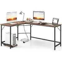 Costway L-förmiger Eckschreibtisch, Computertisch mit Steckdosen & CPU-Ständer, Schreibtisch, Ecktisch, Bürotisch 168x125x74,5cm Braun