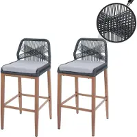 Mendler 2er-Set Rope-Barhocker MCW-O21, Outdoor Sitzpolster Seilgeflecht Metall Holz-Optik anthrazit, Kissen hellgrau
