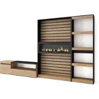 Skraut Home Wohnwand Wohnzimmer, 320x35x186cm, Elektrokamin XXL. Eiche und Schwarz