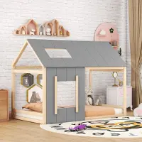 TavilaEcon Hausförmiges Kinderbett 90x200cm mit Dach und Fenster, robustes Holzdesign, leicht zu montieren, natur grau