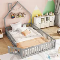 STILVORA 140x190 Polsterbett mit Lattenrost und Sicherheitsgitter,Kinderbett in Schornsteinform,Minimalistischer Stil Jugendbett aus Holz,ohne Matratze,Grau