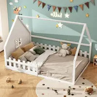 STILVORA 140x200 Kinderbett mit Hausleiste,Jugendbett aus Holz,Einzelbett in Hausform für Jungen und Kinder,Einfach zu montieren,ohne Matratze,MDF,weiß