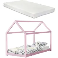 En.casa [] Kinderbett mit Matratze 90x200cm Rosa Holz Haus Design Kiefernholz Bett Holzbett Hausbett Kaltschaummatratze Standard 100 Allergikergeeignet Atmungsaktiv