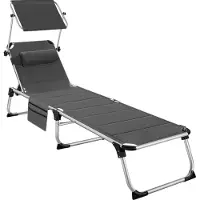TecTake Aluminium Sonnenliege, mit Dach, gepolstert, klappbar, 6-fach verstellbare Rückenlehne, inkl. Seitentasche, 150 kg Belastbarkeit, in grau