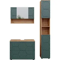 Vicco Badmöbel-Set Irma Grün/Goldkraft Eiche 3 Teile, mit Spiegelschrank 80 cm, Model 47202