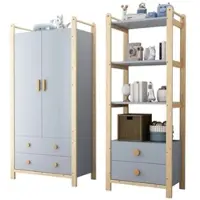 OKWISH Doppelklappengarderobe 90x44x180 cm mit Regal 70x44x180 cm, Kleiderstange, 4 Schubladen, Stauraum, Fichte Blau+Naturholz