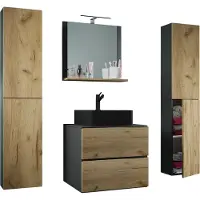 VCM 5-tlg. Waschplatz Waschtisch | schwarzes Waschbecken Unterschrank Breite 60 cm | Badmöbel Set mit Schubladen Drehtüren Spiegel | Lendas S BL