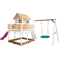 Axi Spielhaus Liam mit Sandkasten, Nestschaukel & lila Rutsche | Stelzenhaus XXL in Braun & Weiß aus FSC Holz für Kinder | Spielturm mit Wellenrutsche & Schaukel für den Garten