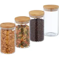 Relaxdays Vorratsgläser Bambusdeckel, 4er Set, Vorratsdosen Glas, 1000ml, luftdicht, Glasbehälter, transparent/natur
