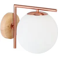 Relaxdays Wandleuchte, E27-Fassung, Glas, Metall und Holz, Wandlampe, Kugel, H x B x T: 22 x 19,5 x 28 cm, kupferfarben