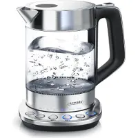 Arendo Wasserkocher mit Temperatureinstellung 70°C - 100°C, Temperaturwahl, Glas, Edelstahl, 1,5 L, 2200W, Warmhaltefunktion, Basisstation, silber/transparent