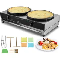Vevor elektrischer Crepemaker mit Doppelkopf 6000 W antihaftbeschichteter fannkuchenherd aus Edelstahl, runder, Temperaturregelung, Kein Stecker