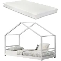 En.casa [] Kinderbett mit Lattenrost, Gitter und Matratze 90x200cm Hausbett Holz Weiß Bettenhaus Bett Jugendbett