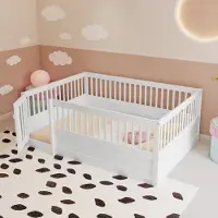 OKWISH Kinderbett Bodenbett Einzelbett Holzbett140 x 200cm, Holzbettgestell mit Gitter und Tür ohne Matratze,Weiß