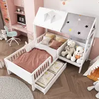 STILVORA Kinderbett 90x200cm Holzbett mit Zeltstoff & Kissen,Hausförmiges Einzelbett aus Holz mit Schubladen,weiß(ohne Matratze)