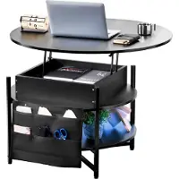 Vevor Couchtisch mit anhebbarer Platte, 35,3 Zoll runder Couchtisch mit zusätzlichen Aufbewahrungstaschen, aufklappbarer Couchtisch für das Wohnzimmer, schwarz