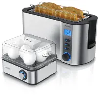 Arendo Frühstücksset 2-teilig, 4-Scheiben Langschlitztoaster, 8er Eierkocher, Silber