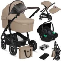 Lionelo Bianka 3in1 Kinderwagen, Autotransporter, Autositz, klappbar, Travel System Rückenlehne verstellbar 360o Räder Polsterung, Verdeck XXL-Beige