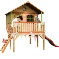 Axi Spielhaus Sophie mit rote Rutsche | Stelzenhaus in Braun & Grün aus FSC Holz für Kinder | Spielturm mit Wellenrutsche für den Garten
