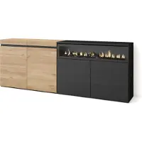 Skraut Home Sideboard, Highboard, 200x35x75cm, 4 Türen, Elektrokamin. farbe Eiche und Schwarz