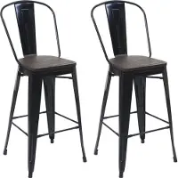 Mendler 2er-Set Barhocker MCW-A73 inkl. Holz-Sitzfläche, Barstuhl Tresenhocker mit Lehne, Metall Industriedesign schwarz