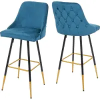 Mendler 2er-Set Barhocker MCW-E70, Barstuhl Tresenhocker, Retro Design Samt goldene Streben/Füße petrol-blau