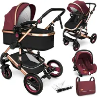 Kiduku 3 in 1 Kombi Kinderwagen Bordeaux/Gold Buggy Reisebuggy inkl. Auto- Babyschale Faltbar ECE R129