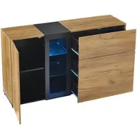 OKWISH Sideboard 140x40x80 cm mit APP-gesteuerter LED Beleuchtung, 3 Schubladen, 1 Tür, verstellbare Glasböden, Coffeebar, Wohnzimmer Schwarz+Braun