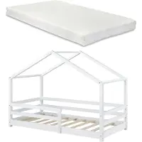 En.casa Kinderbett mit Matratze und Rausfallschutz 90x200cm Hausbett mit Kaltschaummatratze Bettenhaus mit Lattenrost Kiefernholz Einzelbett Weiß []