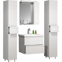 VCM 5-tlg. Waschplatz | Waschtisch Unterschrank 60 cm | Badmöbel Set mit Keramik Waschbecken | grifflosen Schubladen | Spiegelschrank | 2x Hochschrank | Komplettset Silora L