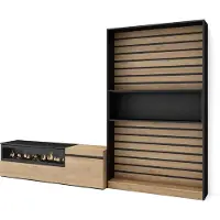 Skraut Home Wohnwand Wohnzimmer, 260x35x186cm, Für TV-Geräte bis zu 65", Elektrokamin, Eiche und Schwarz
