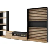Skraut Home Wohnwand Wohnzimmer, 320x35x186cm, Elektrokamin, Eiche und Schwarz