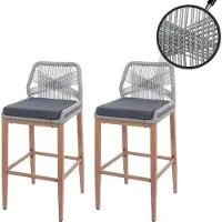Mendler 2er-Set Rope-Barhocker MCW-O21, Outdoor Sitzpolster Seilgeflecht Metall Holz-Optik hellgrau, Kissen dunkelgrau