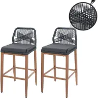 MCW 2er-Set Rope-Barhocker MCW-O21, Outdoor Sitzpolster Seilgeflecht Metall Holz-Optik anthrazit, Kissen dunkelgrau