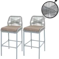 Mendler 2er-Set Rope-Barhocker MCW-O21, Outdoor Sitzpolster Seilgeflecht Metall hellgrau, Kissen taupe