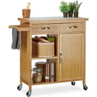 Relaxdays Küchenwagen Holz, Bambus, 4 Rollen, Arbeitsplatte aus Marmor, mit Schubladen, HBT: 85,5 x 89,5 x 36 cm, natur
