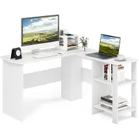 Costway Schreibtisch L-Form, Eckschreibtisch mit 2 Kabellöchern & Ablagefächern, Ecktisch, Computertisch, Bürotisch für Zuhause oder Büro, 130 x 130 x 74 cm (Weiß)