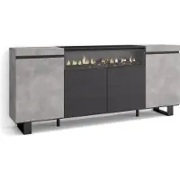 Skraut Home Sideboard, Highboard, 200x35x87cm, 4 Türen, Elektrokamin. Industriedesign, Zementgrau und Schwarz