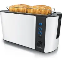 Arendo Toaster 4 Scheiben, Langschlitztoaster, Langschlitz, Edelstahl, 1500W, Display mit Restzeitanzeige, Brötchenaufsatz, Defrost Funktion, Wärmeisolierendes Gehäuse, Weiß