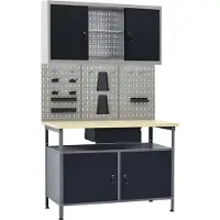 Syfax Werkbank-Set, Stahl & Holzwerkstoff, 300 kg Tragkraft, 120x60x85 cm, Schwarz/Grau, mit 3 Stahl-Werkzeugwänden, Metall-Wandschrank mit 3 Fachböden