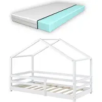 En.casa Kinderbett mit Matratze und Rausfallschutz 70x140cm Hausbett mit Kaltschaummatratze Bettenhaus mit Lattenrost Kiefernholz Kleinkindbett Weiß []