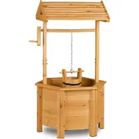 Relaxdays Dekobrunnen Garten Holz, Rolle, Eimer, HxBxT: 82 x 47 x 41 cm, Zierbrunnen, Gartendeko, Holzbrunnen, natur