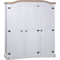 Syfax Kleiderschrank, Massivholz Kiefer, 3 Türen, 151x52x170 cm, Weiß mit brauner Oberplatte, mexikanischer Corona-Stil