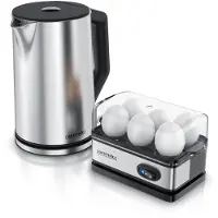 Arendo Frühstücks-Set, Wasserkocher 1,5 Liter, 6er Eierkocher, Silber