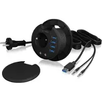 Raidsonic technology IB-HUB1430, 4 Port USB 3.2 Gen 1 Type-A Tisch-Hub mit Audio Ein-/Ausgang und Schuko Steckdose (CEE 7/3), Ø 80 mm, Schwarz, Kunststoff, Type F (CEE 7/4), 80 mm, 800 mm, 550 mm