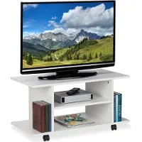 Relaxdays TV Board mit Rollen, 4 offene Ablagen, fahrbarer Couchtisch, für Geräte, CDs, DVDs, HBT 40 x 80 x 40 cm, weiß
