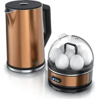Arendo Frühstücksset, Wasserkocher ELEGANT mit Eierkocher SEVENCOOK Edelstahl Kupfer, Wasserkocher 1,5L, Eierkocher 1-7 Eier, Messbecher