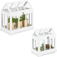 Relaxdays Mini Gewächhaus, 2er Set, für die Fensterbank, Indoor Treibhaus, Glas und MDF, Kräuter, Blumen, 2 Größen, weiß