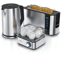 Arendo Frühstücks-Set in silber - Wasserkocher mit Temperatureinstellung / Toaster 2 Scheiben, Langschlitztoaster / Eierkocher 8 Eier