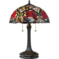QUOIZEL Tiffany Tischlampe Larissa, bronze / altmessing, für Wohn- / Esszimmer, Glas, Tiffany, Tischlampe